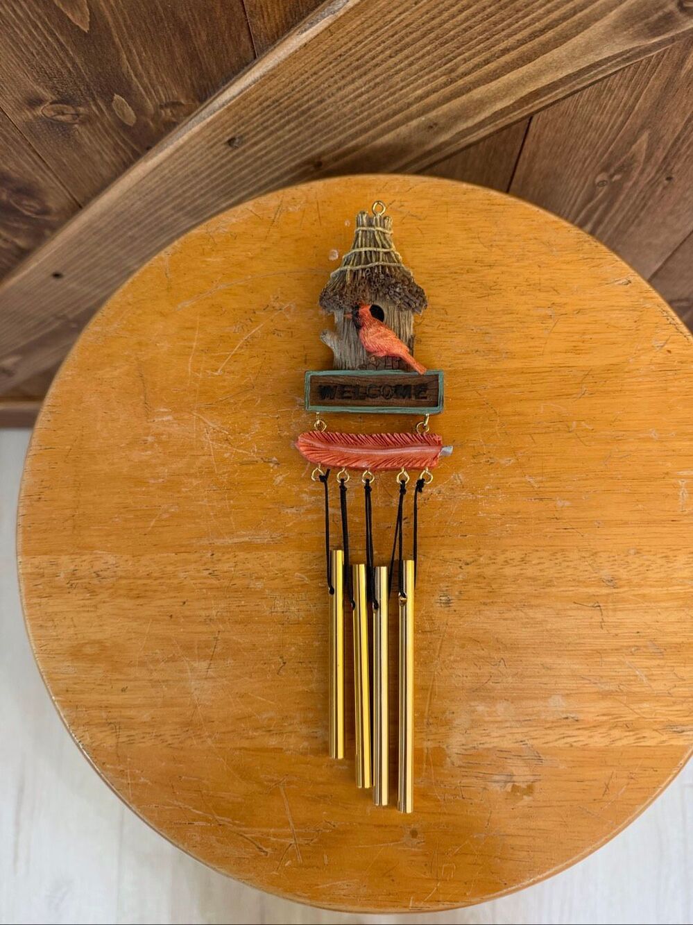 Cardinal Birdhouse Welcome Wind Chime Rustic Country Hanging Decor (9517)